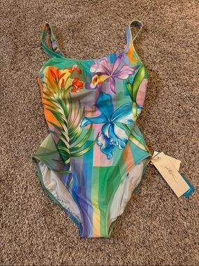 Gottex Women’s Floral Vibrant Multi Color Square Neck One-Piece Swimsuit 12 NWT
